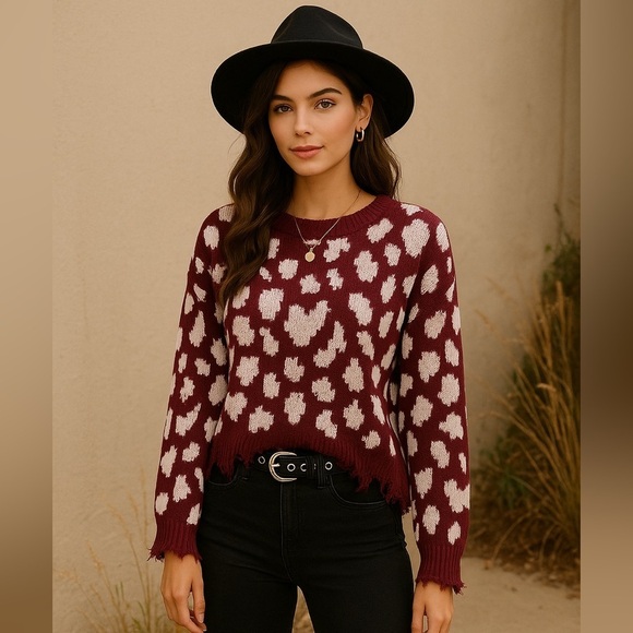 True Craft Sweaters - Burgundy Leopard Print Distressed Sweater | Grunge Y2K Cozy Chic | Sz S